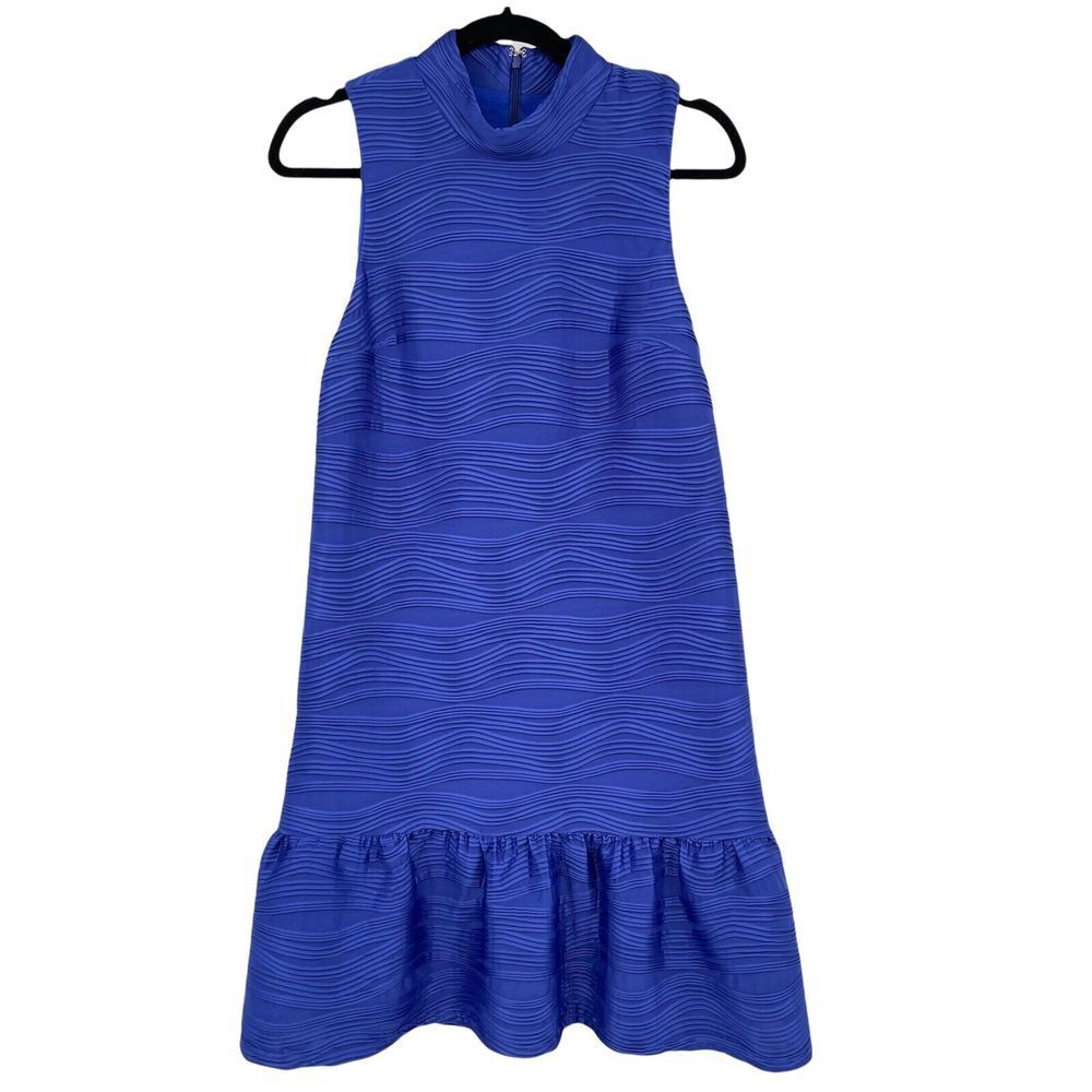 Hutch Royal Blue Rippled Textured Mock Neck Ruffle Hem Shift Dress Small r1